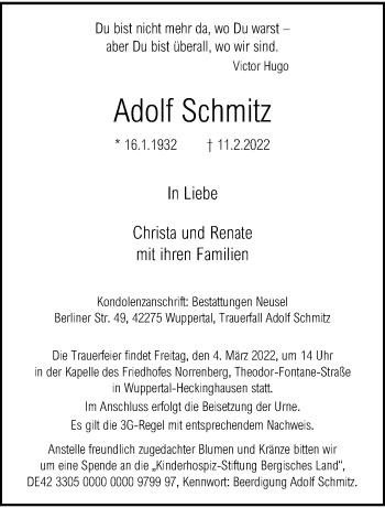 Traueranzeige von Adolf Schmitz von trauer.wuppertaler-rundschau.de