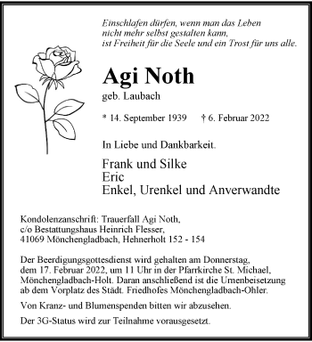 Traueranzeige von Agi Noth von trauer.extra-tipp-moenchengladbach.de