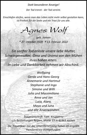 Traueranzeige von Agnes Wolf von trauer.stadt-kurier.de