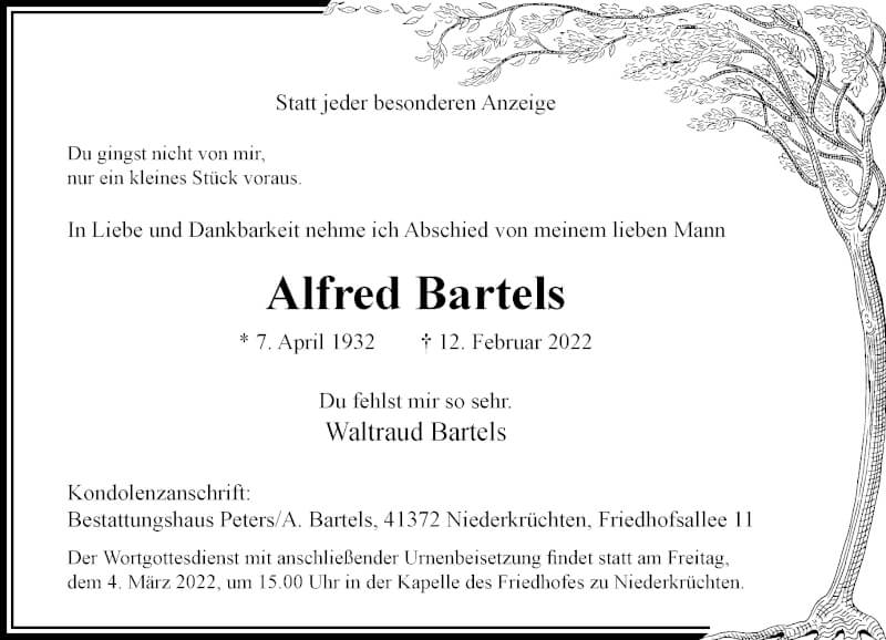  Traueranzeige für Alfred Bartels vom 27.02.2022 aus trauer.extra-tipp-moenchengladbach.de