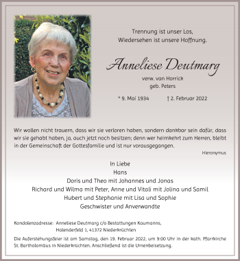 Traueranzeige von Anneliese Deutmarg von trauer.extra-tipp-moenchengladbach.de