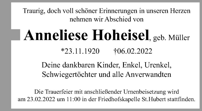  Traueranzeige für Anneliese Hoheisel vom 13.02.2022 aus trauer.mein.krefeld.de