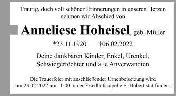 Traueranzeige von Anneliese Hoheisel von trauer.mein.krefeld.de