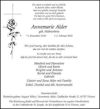 Traueranzeige von Annemarie Alder von trauer.extra-tipp-moenchengladbach.de
