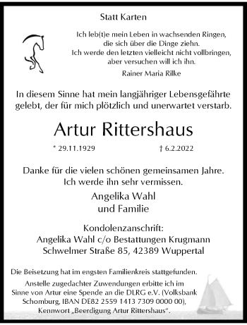 Traueranzeige von Artur Rittershaus von trauer.wuppertaler-rundschau.de