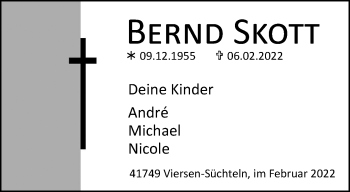 Traueranzeige von Bernd Skott von trauer.extra-tipp-moenchengladbach.de