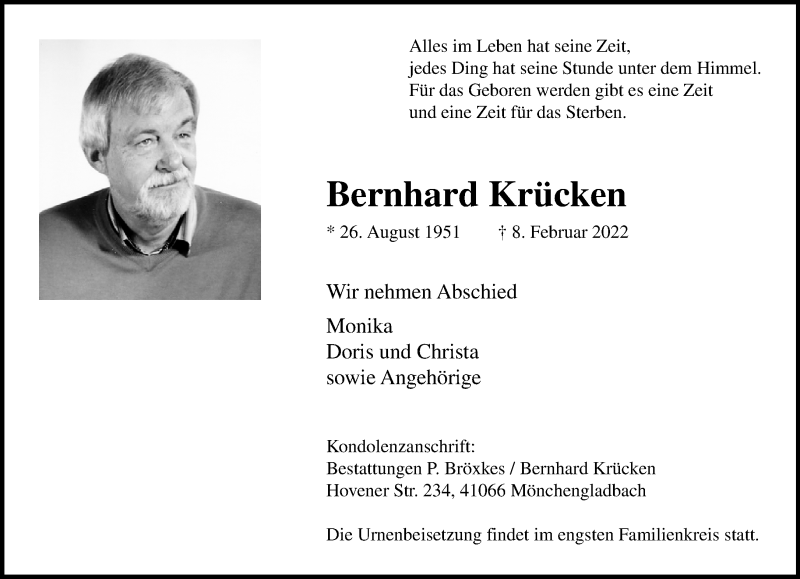  Traueranzeige für Bernhard Krücken vom 13.02.2022 aus trauer.extra-tipp-moenchengladbach.de