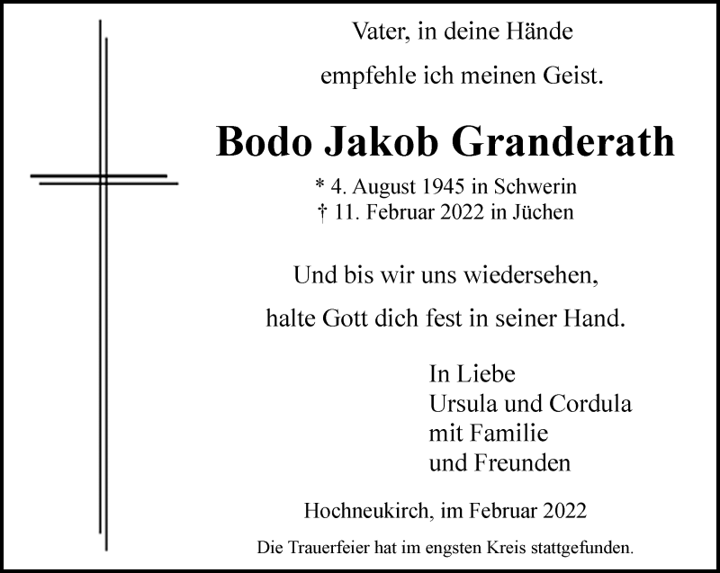  Traueranzeige für Bodo Jakob Granderath vom 26.02.2022 aus trauer.stadt-kurier.de