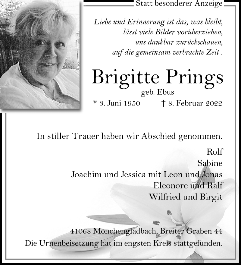  Traueranzeige für Brigitte Prings vom 27.02.2022 aus trauer.extra-tipp-moenchengladbach.de