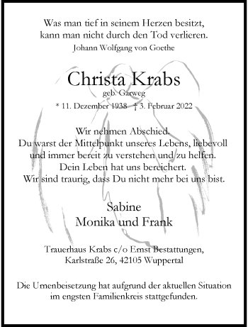 Traueranzeige von Christa Krabs von trauer.wuppertaler-rundschau.de