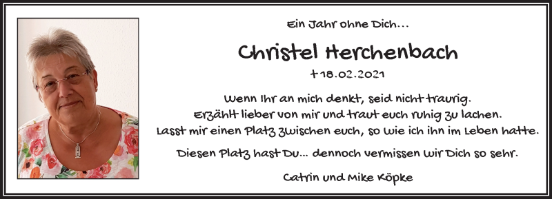  Traueranzeige für Christel Herchenbach vom 19.02.2022 aus trauer.wuppertaler-rundschau.de