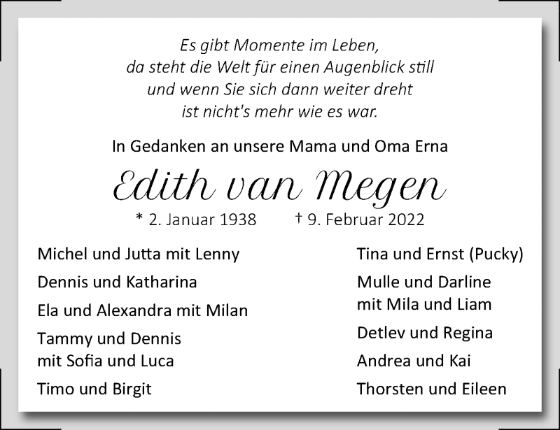  Traueranzeige für Edith van Megen vom 20.02.2022 aus trauer.mein.krefeld.de