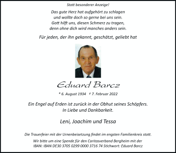 Traueranzeige von Eduard Barcz von trauer.stadt-kurier.de