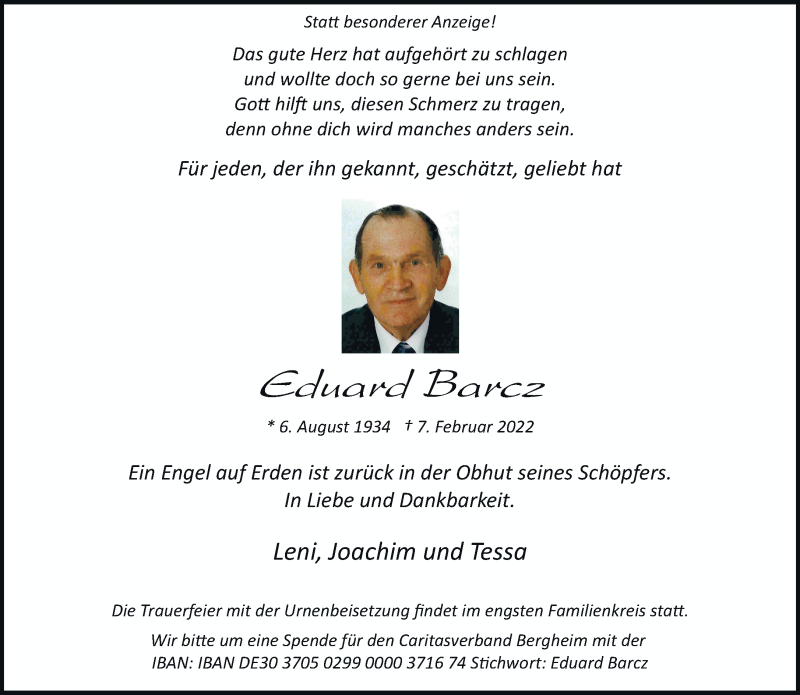  Traueranzeige für Eduard Barcz vom 19.02.2022 aus trauer.stadt-kurier.de