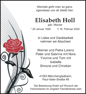 Traueranzeige von Elisabeth Holl von trauer.extra-tipp-moenchengladbach.de