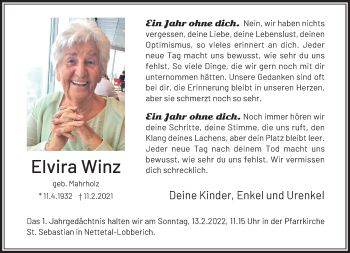 Traueranzeige von Elvira Winz von trauer.extra-tipp-moenchengladbach.de