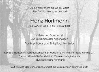 Traueranzeige von Franz Hurtmann von trauer.extra-tipp-moenchengladbach.de