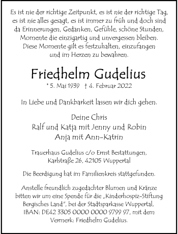 Traueranzeige von Friedhelm Gudelius von trauer.wuppertaler-rundschau.de
