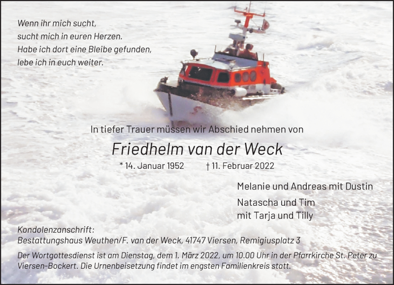  Traueranzeige für Friedhelm van der Weck vom 20.02.2022 aus trauer.extra-tipp-moenchengladbach.de