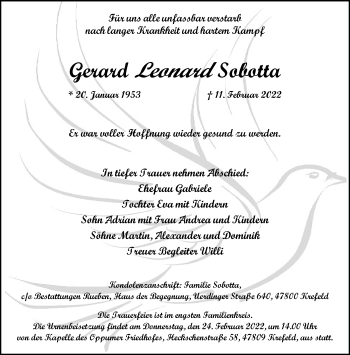 Traueranzeige von Gerard Leonard Sobotta von trauer.mein.krefeld.de