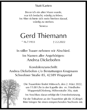 Traueranzeige von Gerd Thiemann von trauer.wuppertaler-rundschau.de