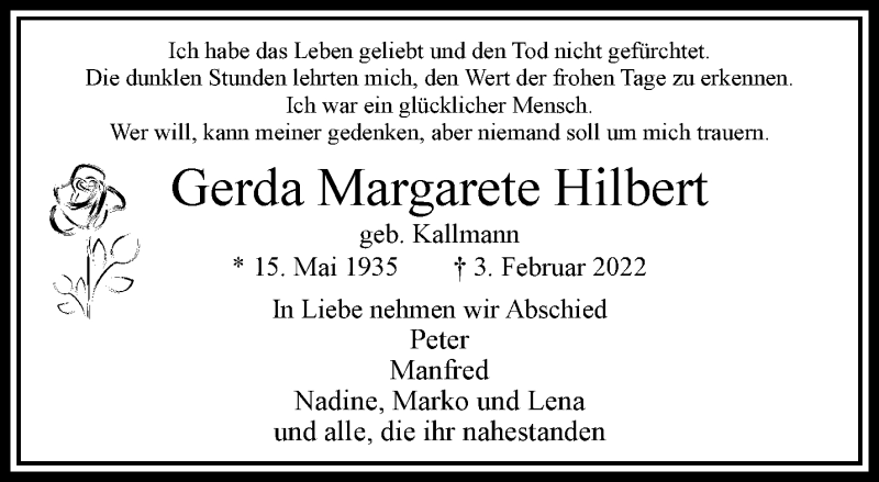  Traueranzeige für Gerda Margarete Hilbert vom 12.02.2022 aus trauer.wuppertaler-rundschau.de