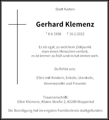 Traueranzeige von Gerhard Klemenz von trauer.wuppertaler-rundschau.de