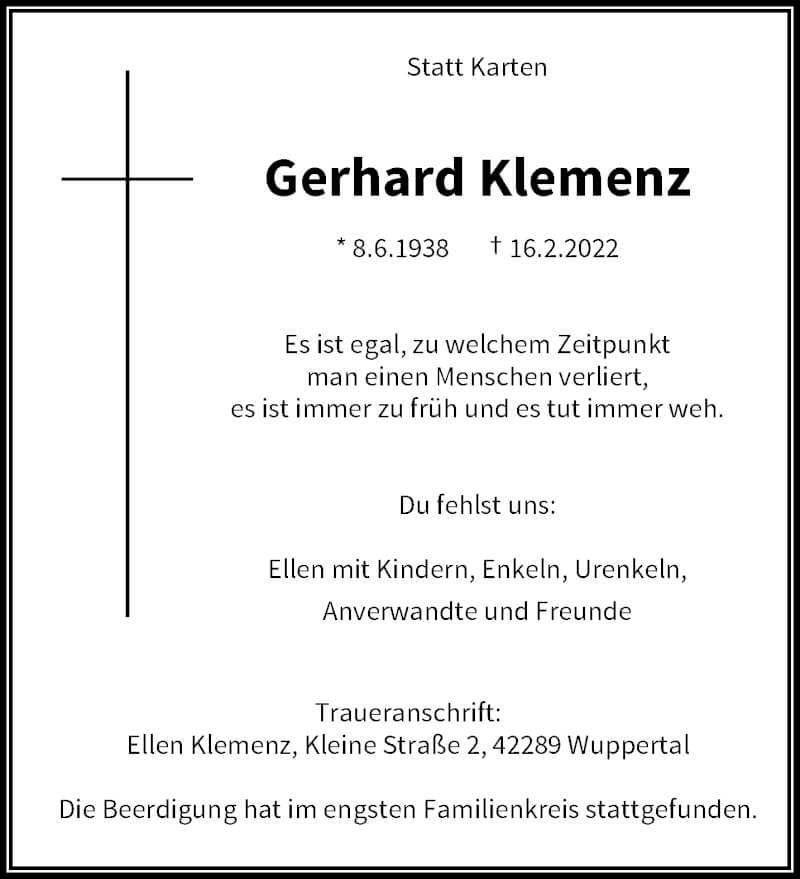  Traueranzeige für Gerhard Klemenz vom 26.02.2022 aus trauer.wuppertaler-rundschau.de
