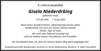 Traueranzeige von Gisela Niederdräing von trauer.wuppertaler-rundschau.de