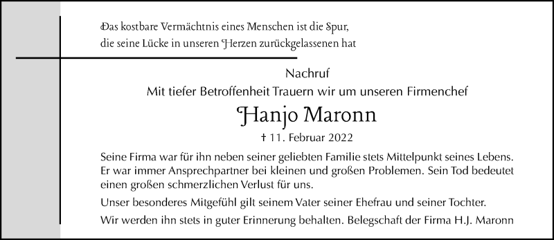  Traueranzeige für Hanjo Maronn vom 20.02.2022 aus trauer.extra-tipp-moenchengladbach.de