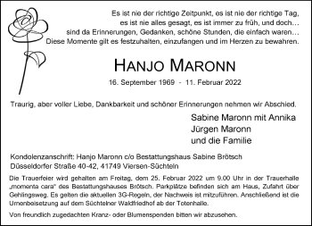 Traueranzeige von Hanjo Maronn von trauer.extra-tipp-moenchengladbach.de