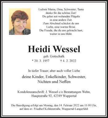 Traueranzeige von Heidi Wessel von trauer.wuppertaler-rundschau.de