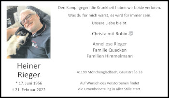 Traueranzeige von Heiner Rieger von trauer.extra-tipp-moenchengladbach.de