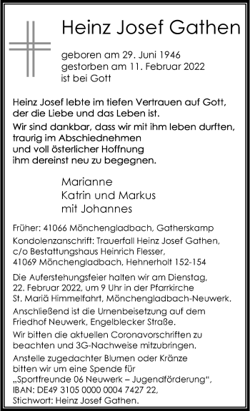 Traueranzeige von Heinz Josef Gathen von trauer.extra-tipp-moenchengladbach.de