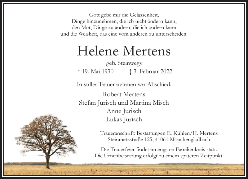  Traueranzeige für Helene Mertens vom 13.02.2022 aus trauer.extra-tipp-moenchengladbach.de