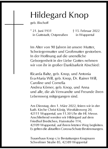 Traueranzeige von Hildegard Knop von trauer.wuppertaler-rundschau.de