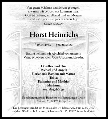Traueranzeige von Horst Heinrichs von trauer.wuppertaler-rundschau.de