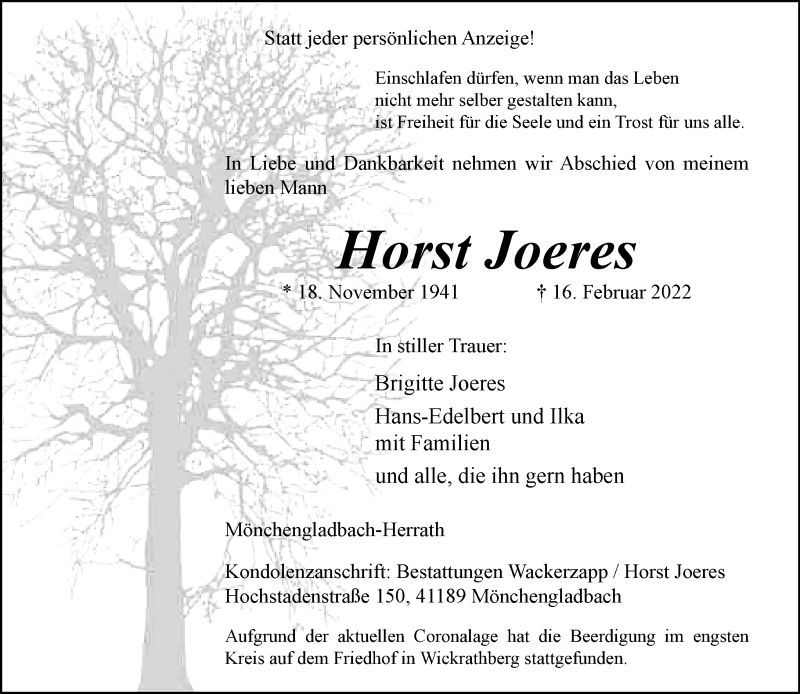  Traueranzeige für Horst Joeres vom 27.02.2022 aus trauer.extra-tipp-moenchengladbach.de