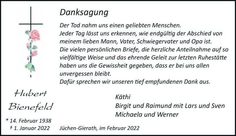  Traueranzeige für Hubert Bienefeld vom 05.02.2022 aus trauer.stadt-kurier.de