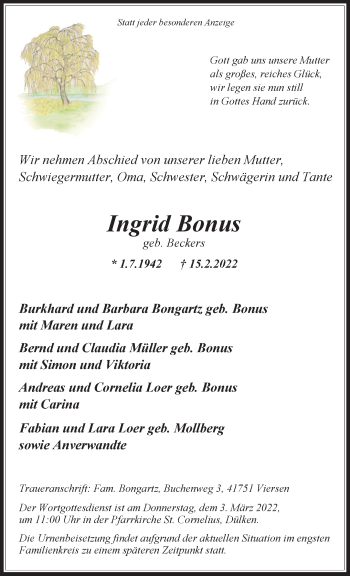 Traueranzeige von Ingrid Bonus von trauer.extra-tipp-moenchengladbach.de