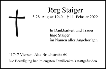 Traueranzeige von Jörg Staiger von trauer.extra-tipp-moenchengladbach.de