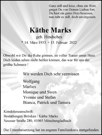 Traueranzeige von Käthe Marks von trauer.extra-tipp-moenchengladbach.de