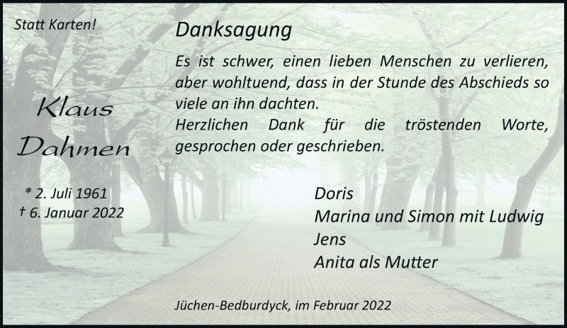  Traueranzeige für Klaus Dahmen vom 12.02.2022 aus trauer.stadt-kurier.de