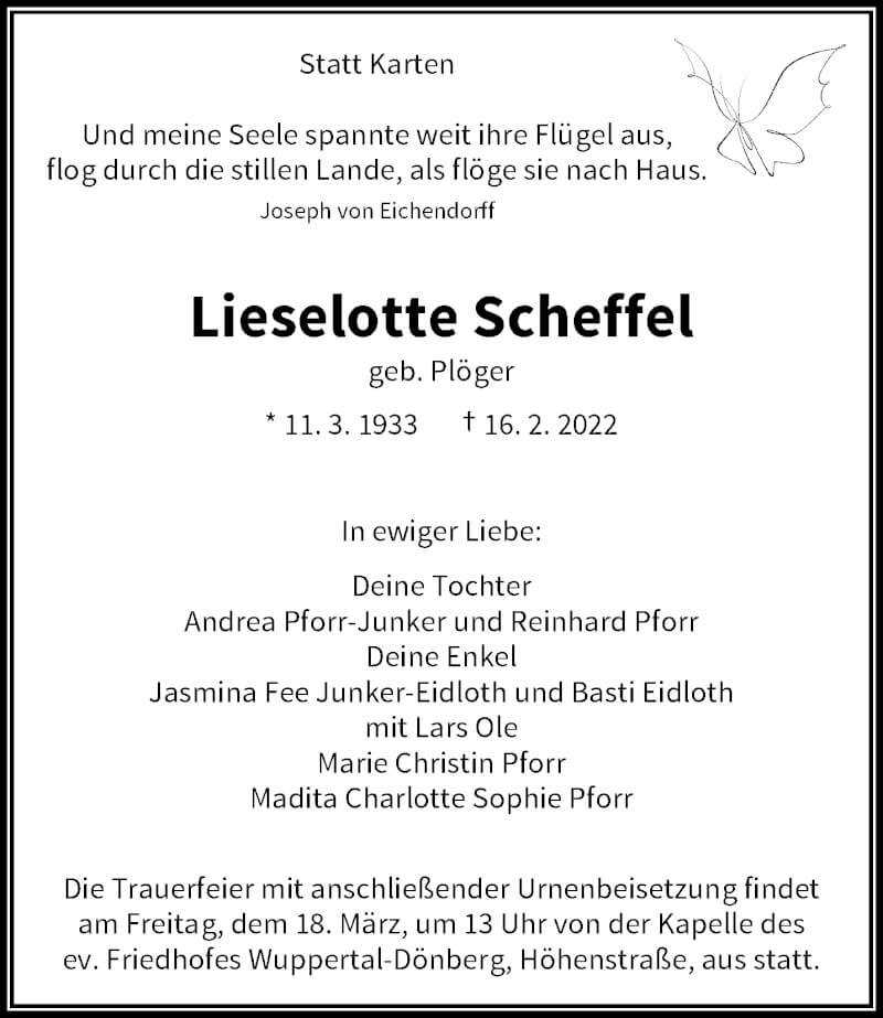  Traueranzeige für Lieselotte Scheffel vom 26.02.2022 aus trauer.wuppertaler-rundschau.de