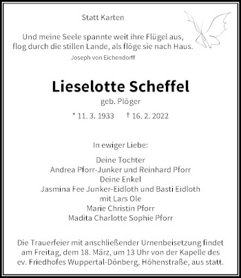 Traueranzeige von Lieselotte Scheffel von trauer.wuppertaler-rundschau.de