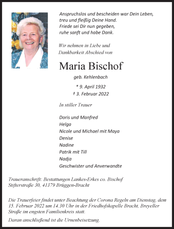 Traueranzeige von Maria Bischof von trauer.extra-tipp-moenchengladbach.de