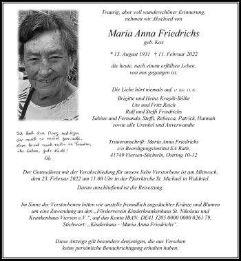 Traueranzeige von Maria Anna Friedrichs von trauer.extra-tipp-moenchengladbach.de