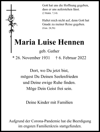 Traueranzeige von Maria Luise Hennen von trauer.extra-tipp-moenchengladbach.de