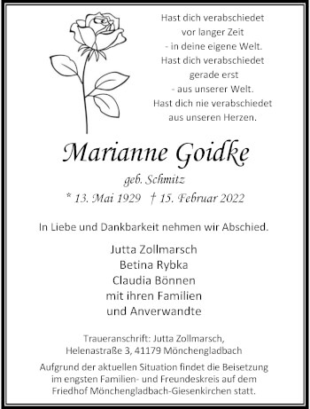 Traueranzeige von Marianne Goidke von trauer.extra-tipp-moenchengladbach.de