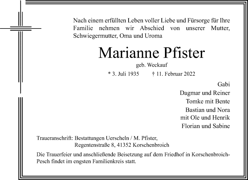  Traueranzeige für Marianne Pfister vom 20.02.2022 aus trauer.extra-tipp-moenchengladbach.de